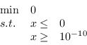 {displaymath} \ \开始开始{数组}{微光}\ min&0 \ \ s.t, x \ leq&0 \ \ x \组10 ^{-10}\ \ \{数组}\ {displaymath}结束结束