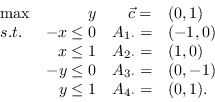 {displaymath} \ \开始开始{数组}{lrrl} \马克斯vec {c} = & & y & \(0, 1) \ \酸处理& - x \ l……点}= & (0,1)\ \ & y \ leq 1 &现代{4 \ cdot} = &(0, 1)。\ \ \{数组}\ {displaymath}结束结束